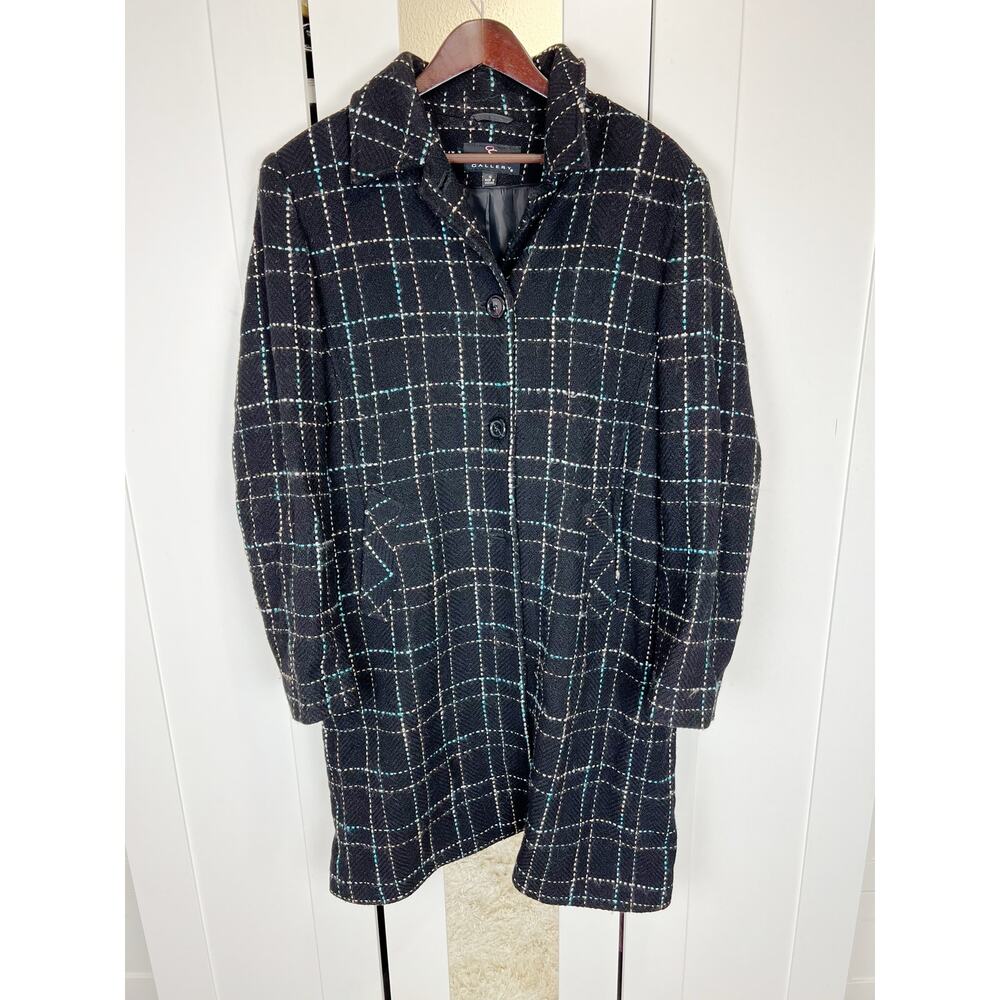 G C Collection by Gallery‎ Black Plaid Wool Blend Lined Pea Coat Jacket Size 16